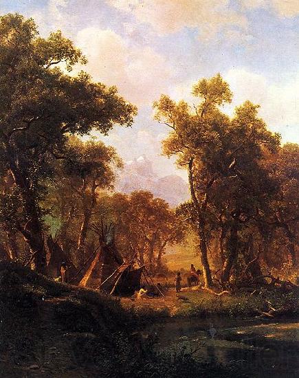 Albert Bierstadt Indian Encampment, Shoshone Village - in a riparian forest, western United States Spain oil painting art